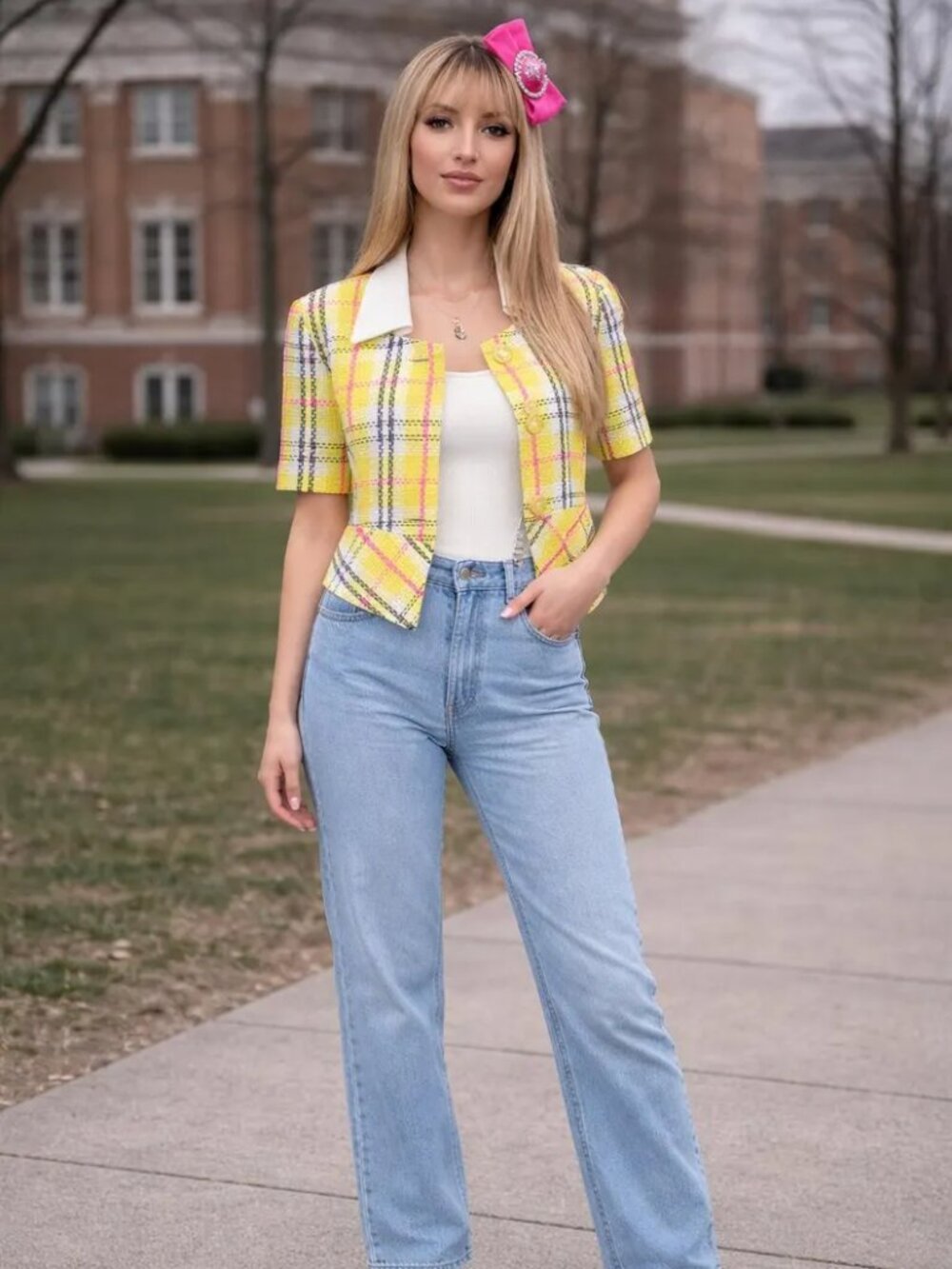 Clueless Inspired Lime Green Plaid Blouse | 90s Vintage Plaid Top | SMALL